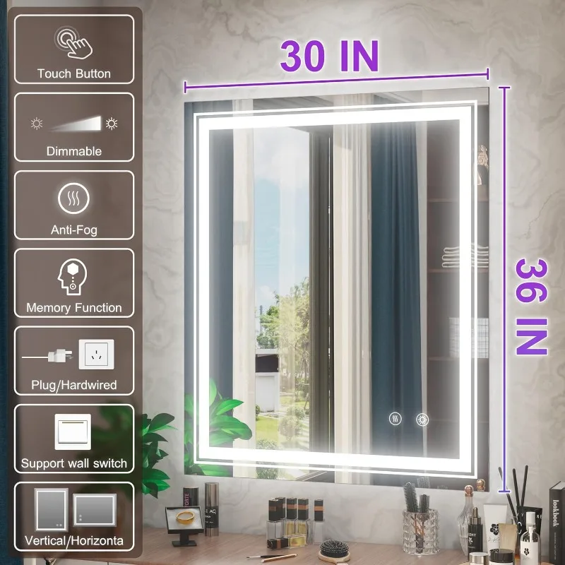 LED Bathroom Mirror with Lights,Lighted Bathroom Vanity Mirror for Wall,Anti-Fog Memory Funtion Stepless Dimmable Mirror