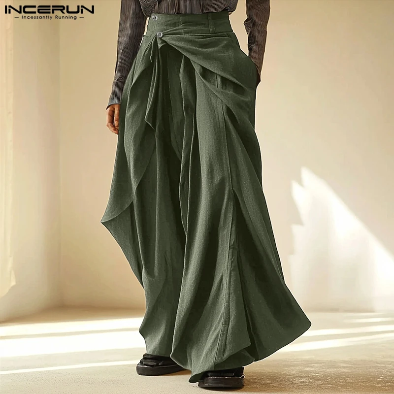 INCERUN 2025 Korean Style Trousers Fashion Men's Irregular Fake Two-piece Design Pant Casual Streetwear Solid Wide Leg Pantalons