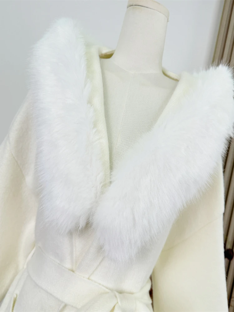 الفرنسية الرجعية أنيقة مقنعين فو الفراء طوق معطف الصوف للنساء شتاء دافئ الوجهين مربوط فضفاض صالح أنيق ملابس خارجية أنيقة