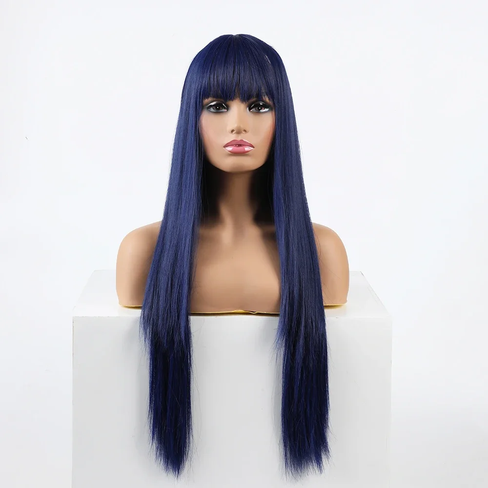 Synthetic Replacement Hair Wig With Bangs Blue Color Heat Resistant  Wigs for Fashion Women