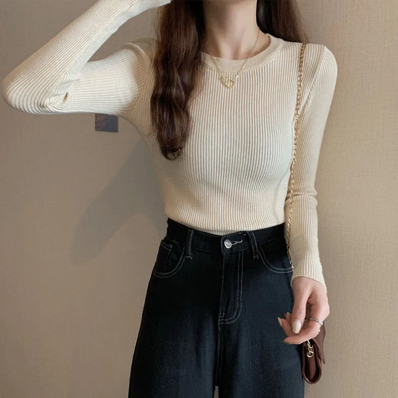 Rimocy Basic Round Neck Knit Sweater Women Spring Autumn Ribbed Long-sleeved Sweaters Woman Solid Color Slim Fit Pull Femme 2022