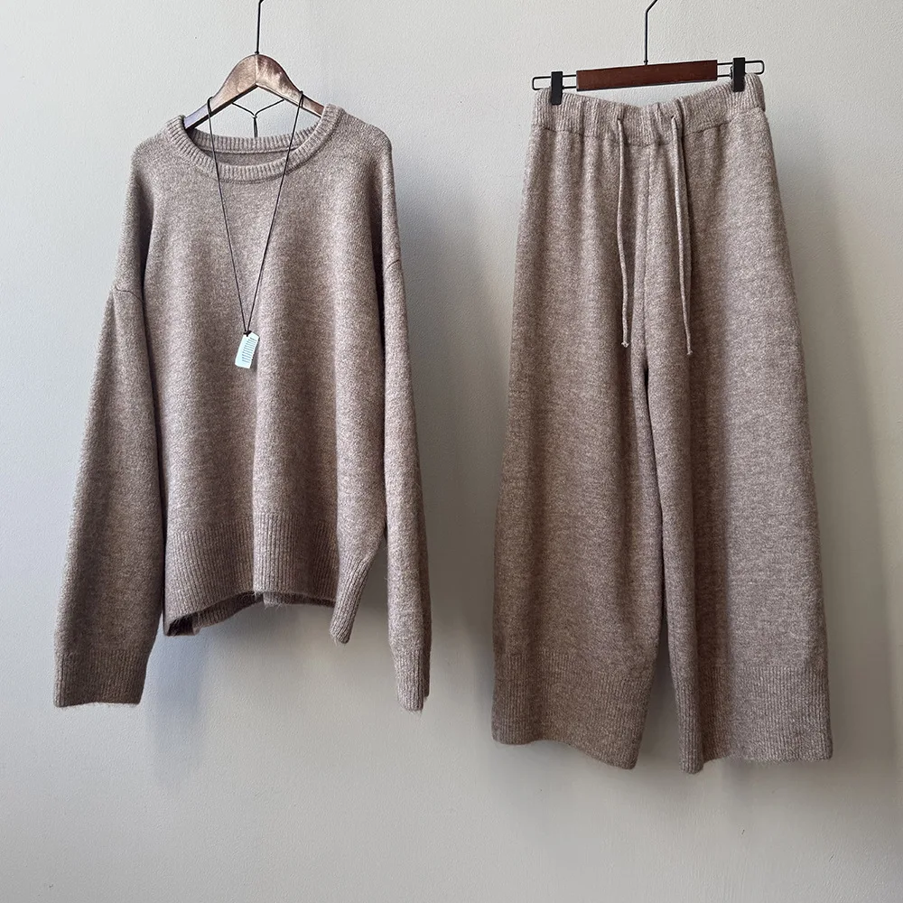 Suéter suelto suave para mujer Otoño Invierno Casual pantalones largos de punto conjunto de dos piezas