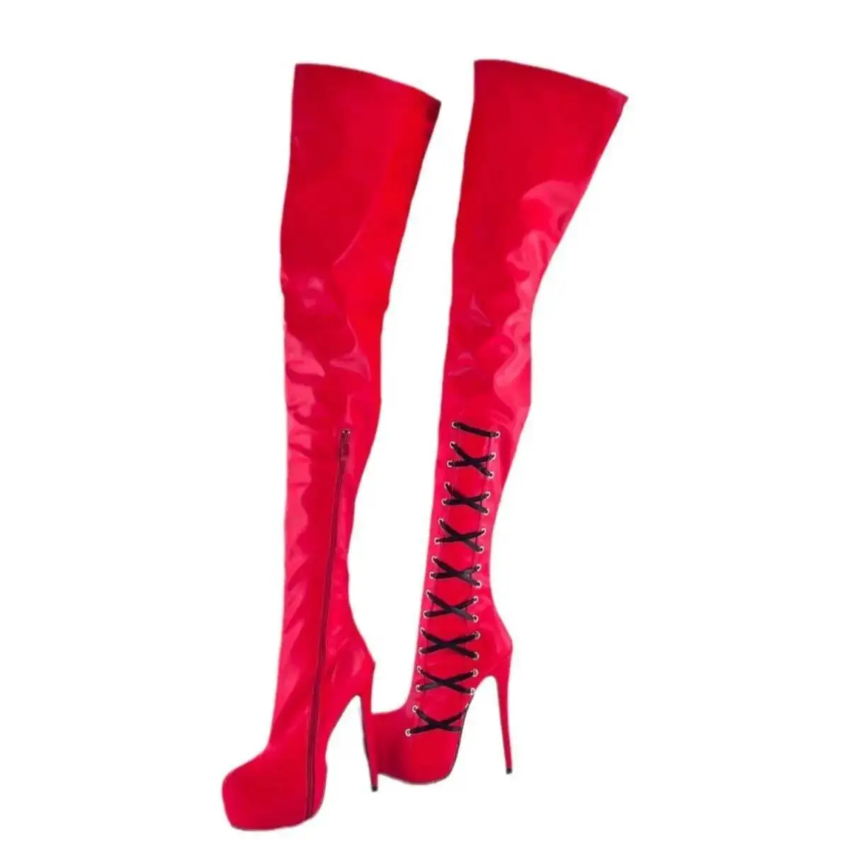 하이힐 섹시한 단색 허벅지 부츠 패션 부츠 폴 댄스 부츠 여성 하이힐 가죽 레드 부츠