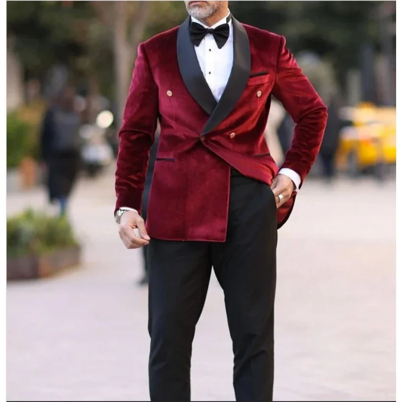 Burgundy Men\'s Suits Shawl Lapel Double Breasted Velvet Smoking Jacket Groom Tuxedo Casual Full Set 2 Pieces Blazer with Pants