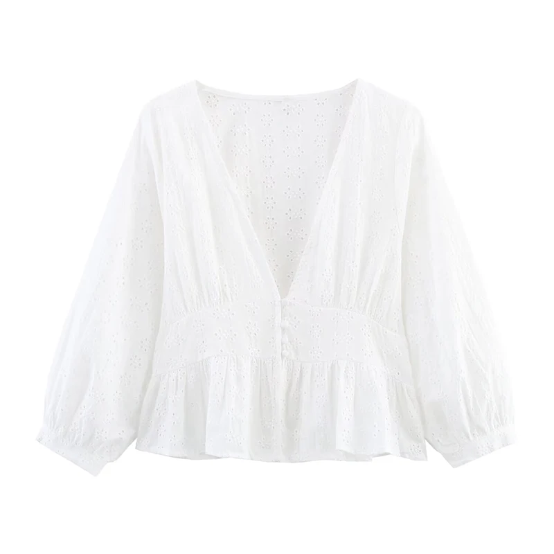 

YENKYE New Women Openwork Embroidery Shirt White Blouse Front Button V Neck Casual Summer Tops