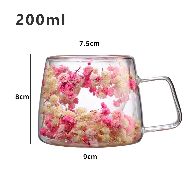 200ml Double Wall Glass Cup Transparent Dry Flowers Coffee Mug Heat Insulation Juice Milk Cup with Handle for Office Home Drink