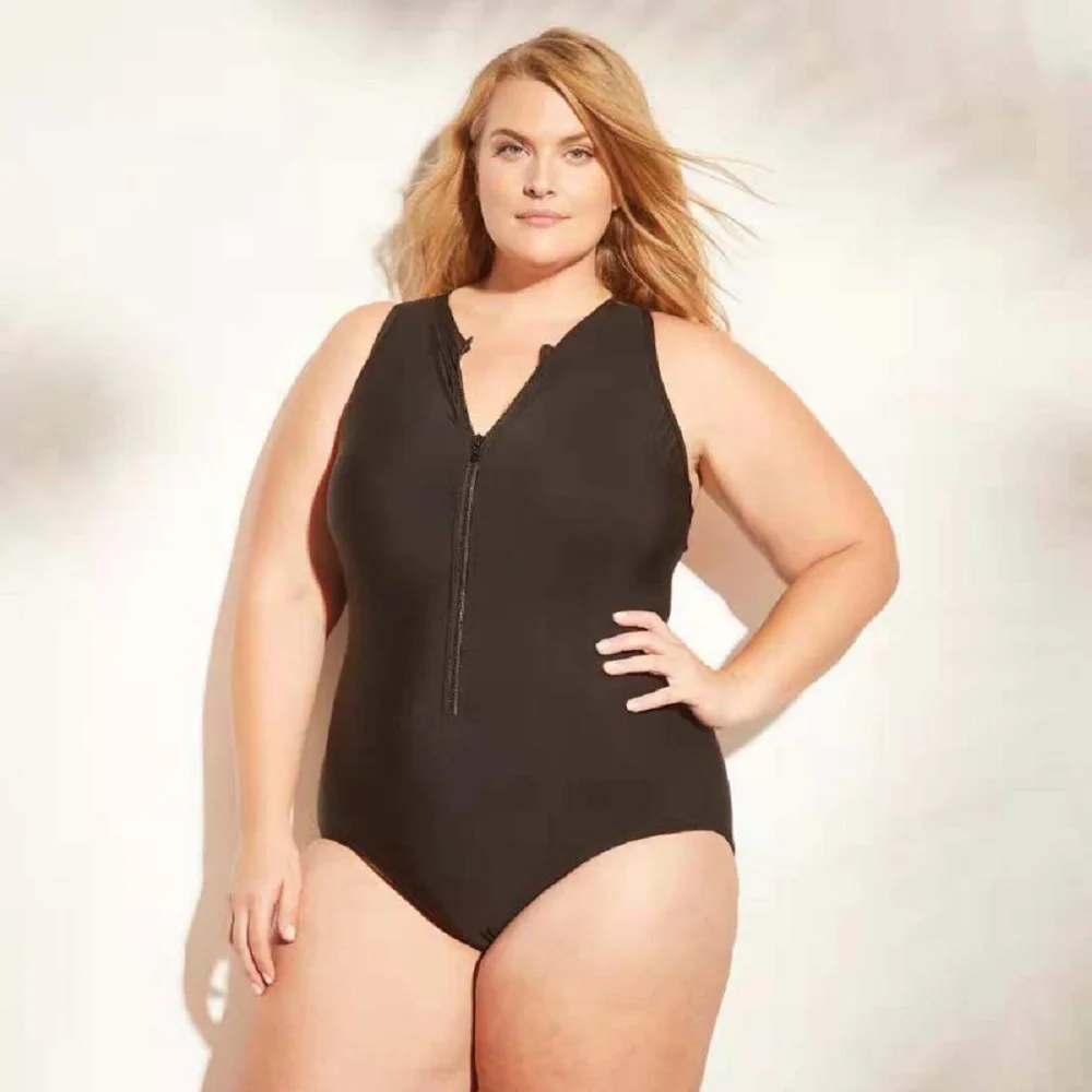 Black Strapped Plus Size Swimwear Women Zipper Push Up Large One Piece Swimsuit Beach Chubby Big Bathing Suit