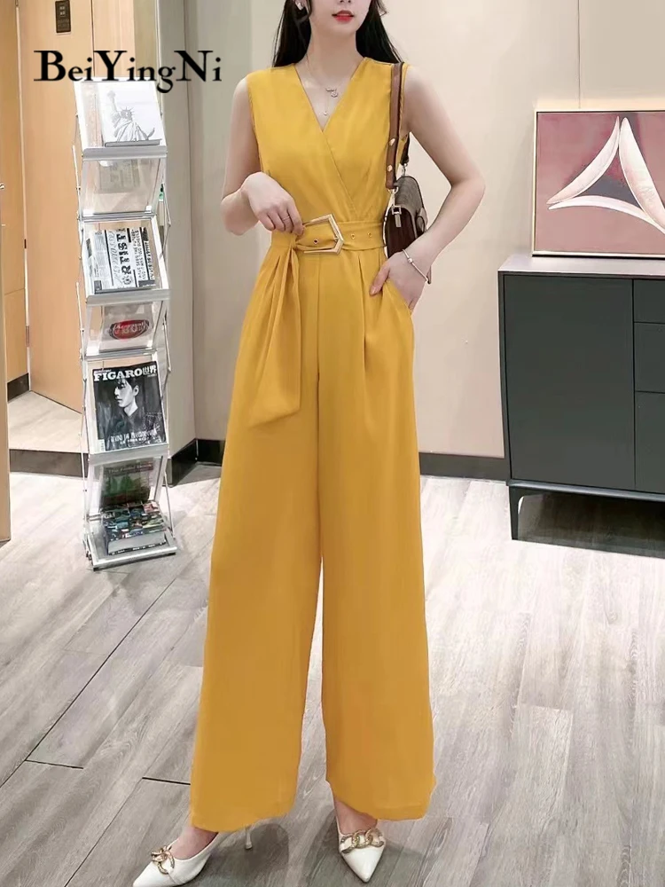 Beiyingni Women Wide Leg Pants Jumpsuit Sleeveless Sashes Casual High Waist Overalls Office Ladies Elegant Playsuits Plain 2023