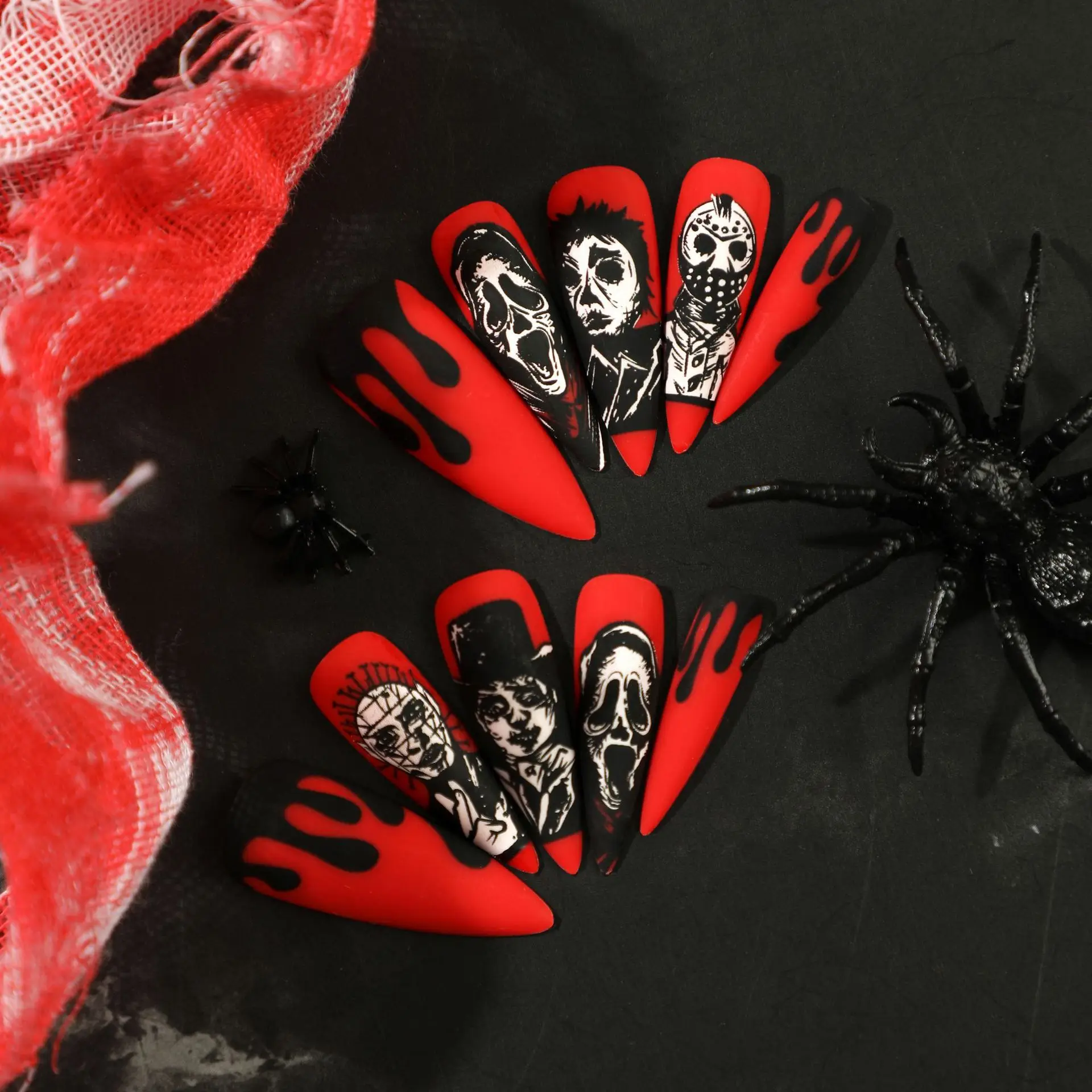 Uñas postizas rojas de almendra larga para Halloween, 24 piezas, diseño de cara fantasma punk negra, presione sobre calavera negra aterradora