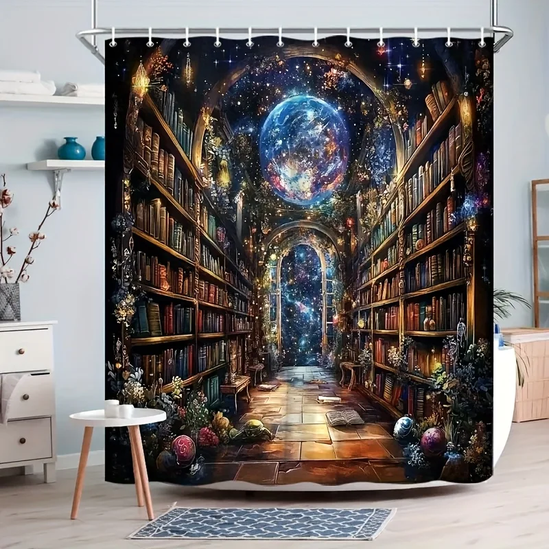 1pc Magic Library Shower Curtain - Fantasy Bookshelf Design with Glowing Planets, Floating Flowers & Starry Sky, Machine Washabl