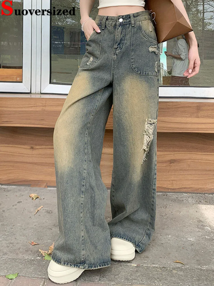 

Summer Vintage Baggy Straight Jeans Korean Fashion High Waist Wide Leg Denim Pants Women Casual Streetwear Loose Hole Vaqueros