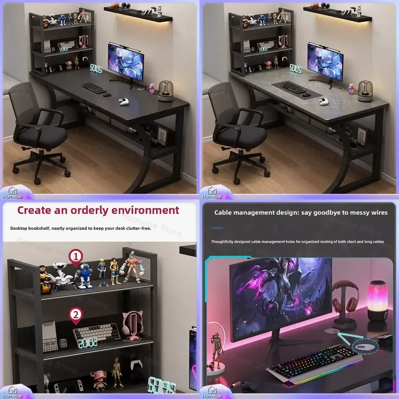 

Gaming Desk Computer Desk for Home Office with Shelf Simple Study Desk for Bedroom Writing Table PVC Material Adjustable