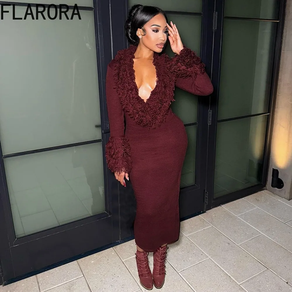 

FLARORA Fall Furry Tassel Knit Dress Woman Solid Color V Neck Long Sleeve Bodycon Dresses Elegant Peach Hip Stretch Vestidos