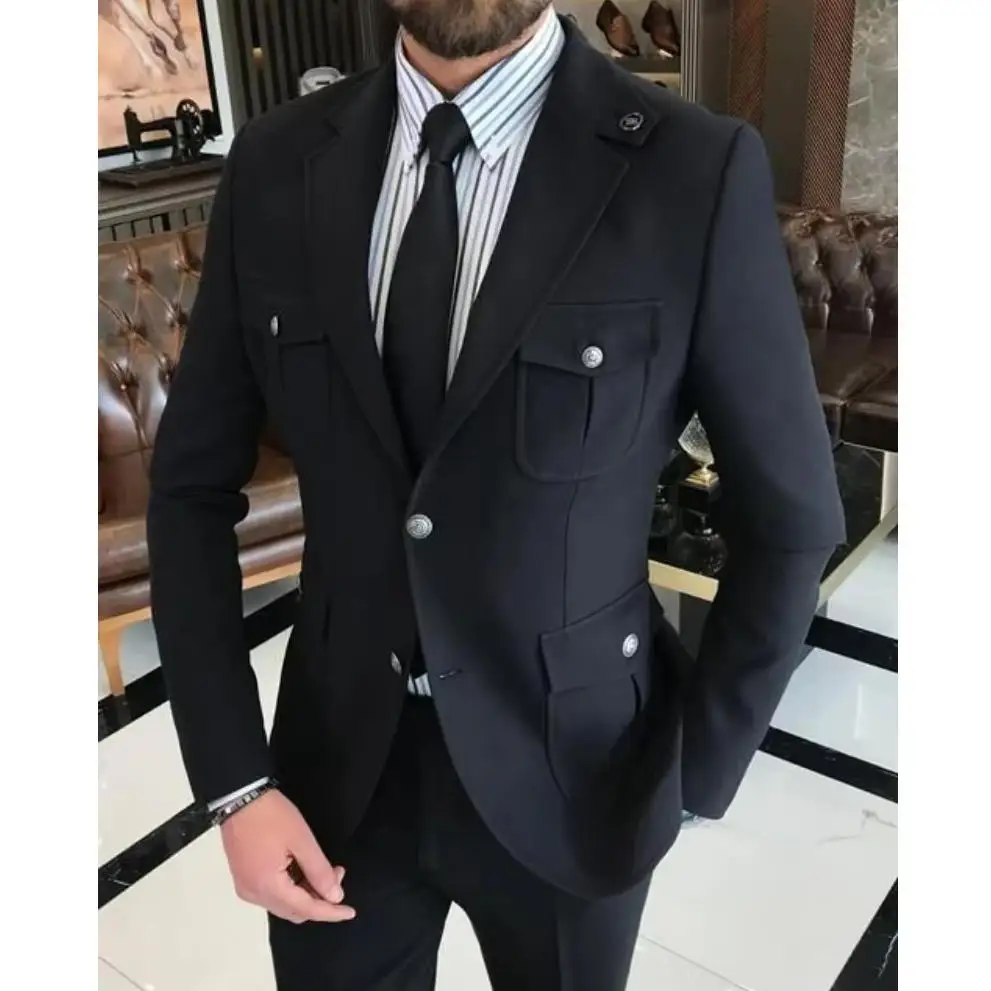 Single Breasted Men Suits Safari Business Suits for Men Outfit for Wedding Party Multi Pocket Blazer Pants Set Formal Casual Men
