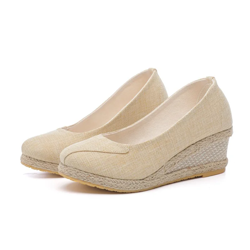 Veowalk Patchwork Women Linen 6cm High Heel Wedge Espadrilles Sandals Summer Comfortable Slip On Closed Toe Platform Shoes