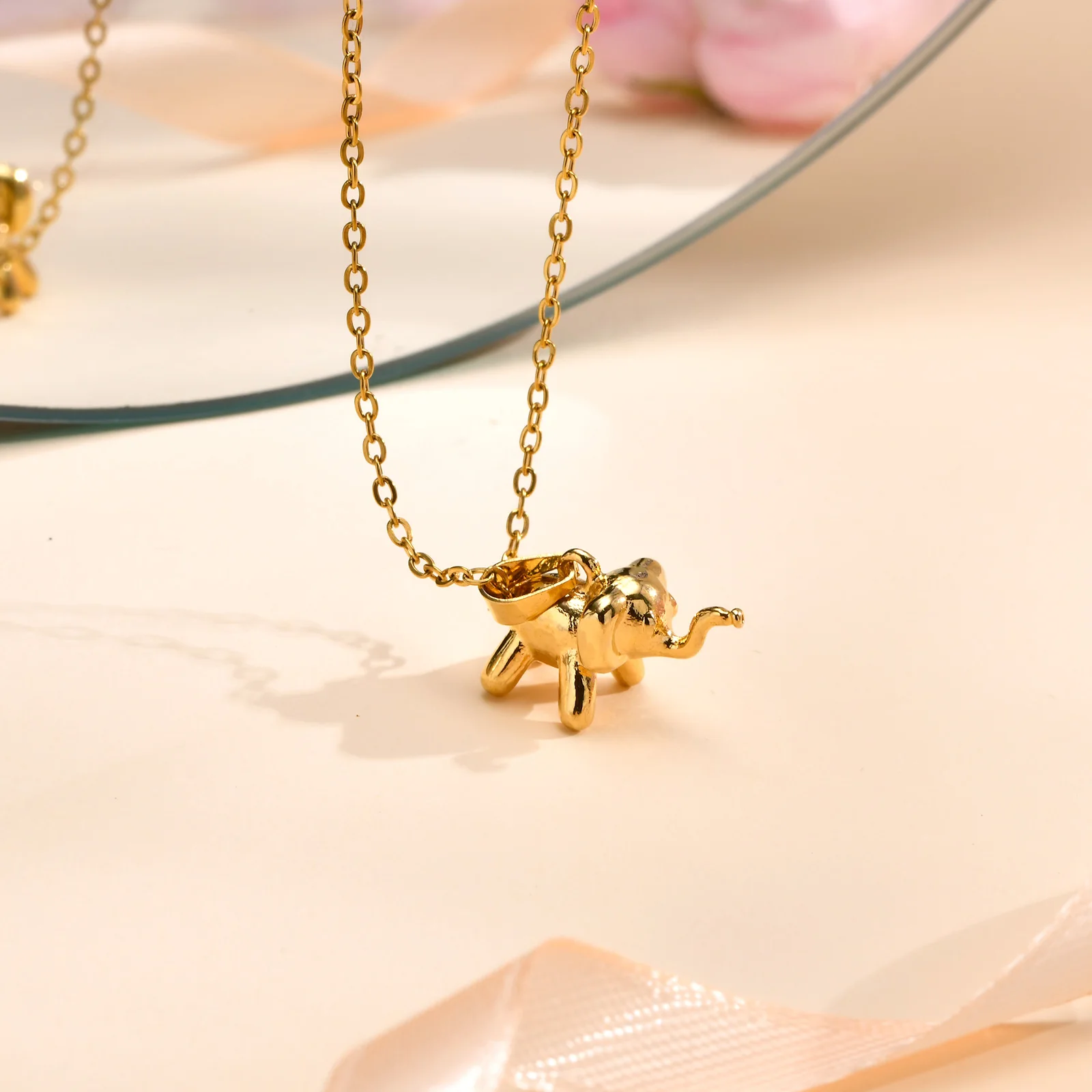 Vnox Cute Sweet Elephant Pendant Necklaces for Women Girls, Gold Plated Solid Stainless Steel Collar, Romantic Gift for Her