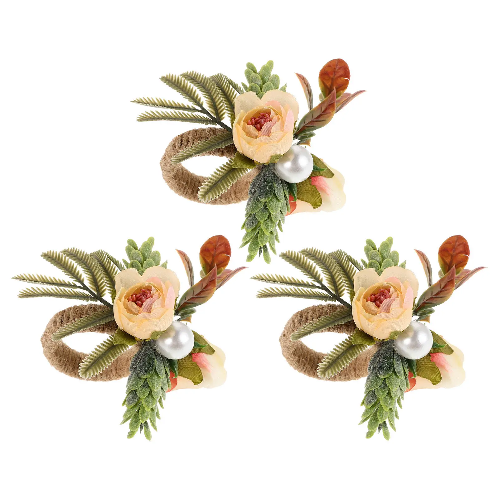 3 piezas de servilleteros con forma de rosa artificial, decoración floral rústica con perlas para mesa, soporte para servilletas para bodas, Navidad, Acción de Gracias, fiestas de cumpleaños y banquetes