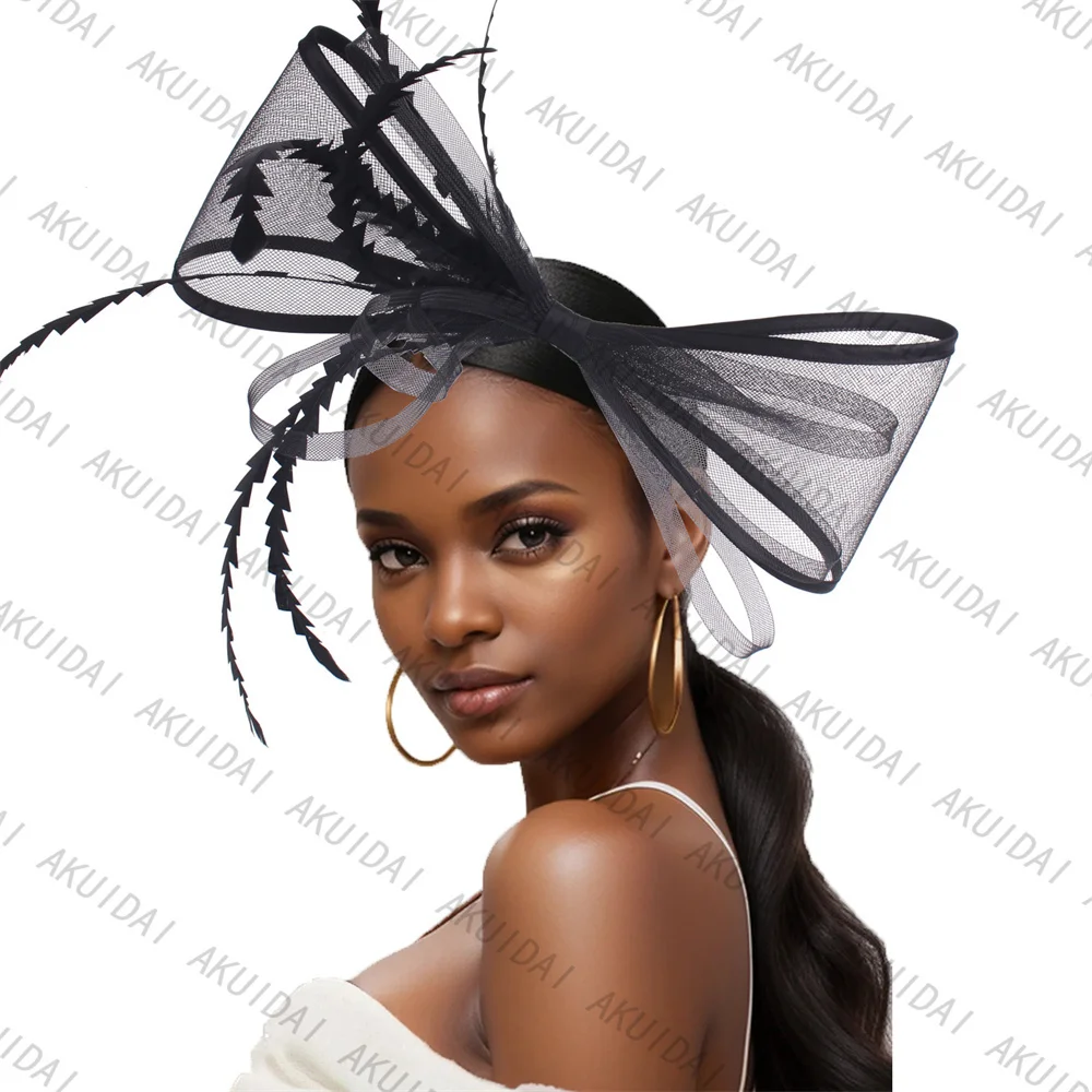 

Women Elegant Bow Fascinator Party Hats Wedding Headwear Bride Hair Accessories Feather Pillbox Cap Derby Headdress Veils Cap