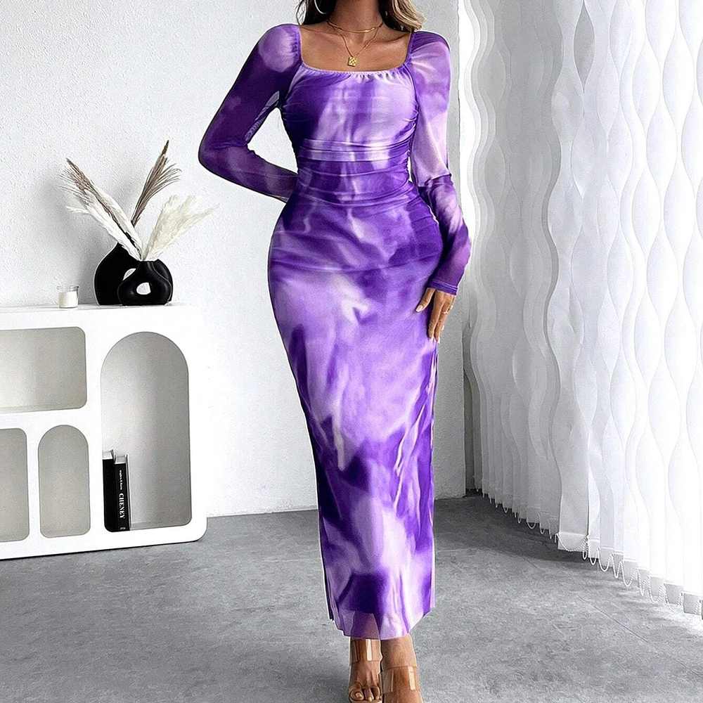 Mia Muse Autumn Winter Women's Dresses Fashion Fitting Slim Gradient Color Long Sleeve Scoop Neck Maxi Dresses