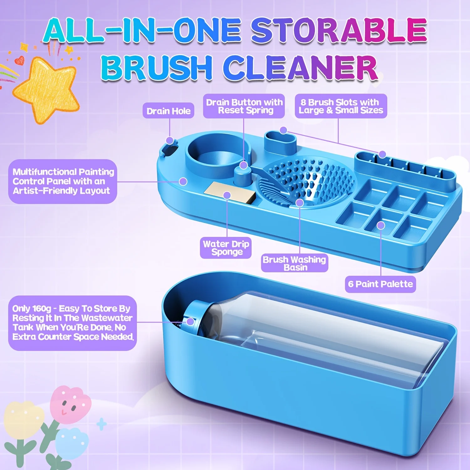 All In One Brush Washer Station Large 450ml Capacity Self Rinsing System With Built In Palette Efficient Tool Artist Studio
