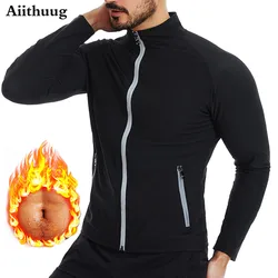 Aiithuug-chaquetas de sudor para hombre, traje de Sauna con cremallera y bolsillos, chaqueta de entrenamiento de manga larga, moldeador de cuerpo para gimnasio