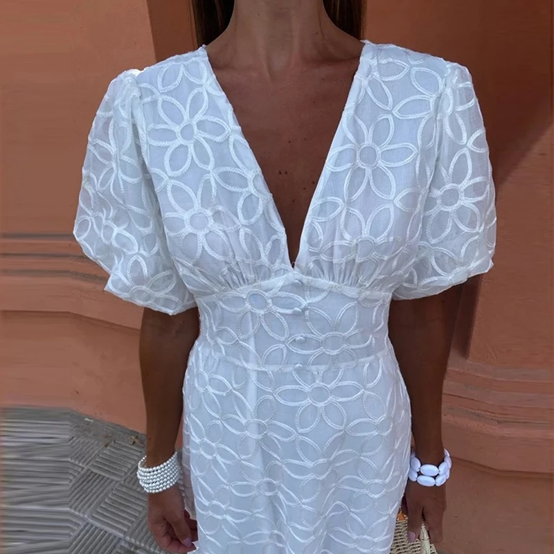 

Female Elegant Waist Long Dress Formal Occasion Puff Short Sleeve Evening Dress Chic Women V-Neck Embroidery Liner Dress 2024
