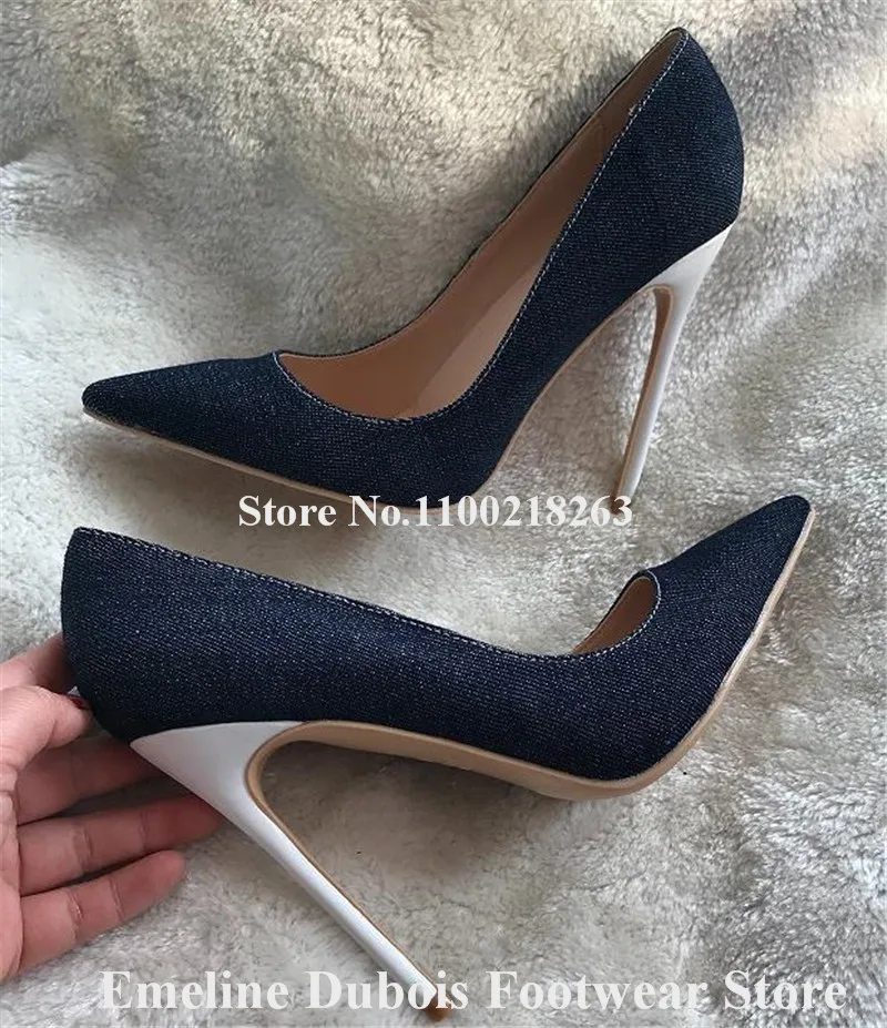 Sexy Denim Patchwork Pumps Emeline Dubois Pointed Toe Slip-on White Stiletto Heel Dress Shoes Formal Dress Heels Big Size 45