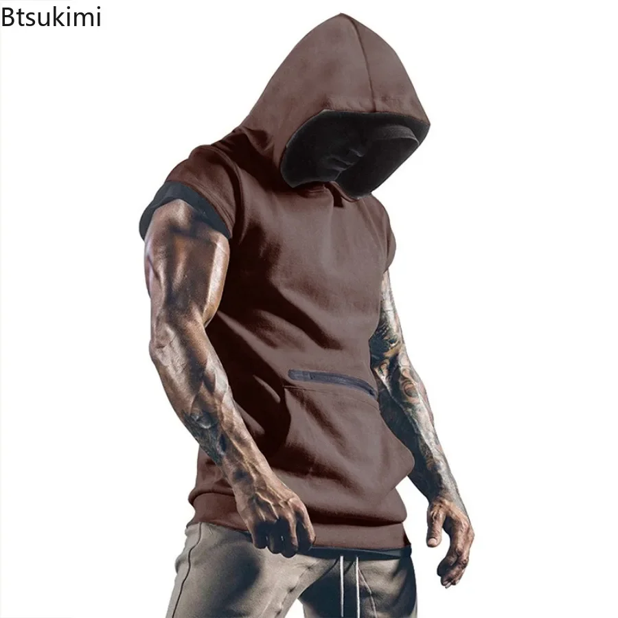 

New 2025 Men's Sport Gym Fitness Hoodies Fashion Front Pocket Zip Design Patchwork Short Sleeve Sweatshirts Men Hooded Tank Tops
