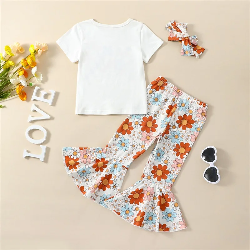 Toddler Baby Girl First Birthday Outfit One Groovy Print Short Sleeve Romper Shirt Floral Bell Bottom Pants 1st -5th