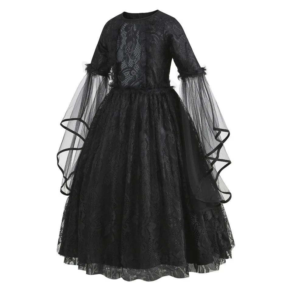 Girls Halloween Ghost Bride Cosplay Costume Kids Black Cosplay Dress Girls Evil Witch Dress Up Outfits Elegant Gown