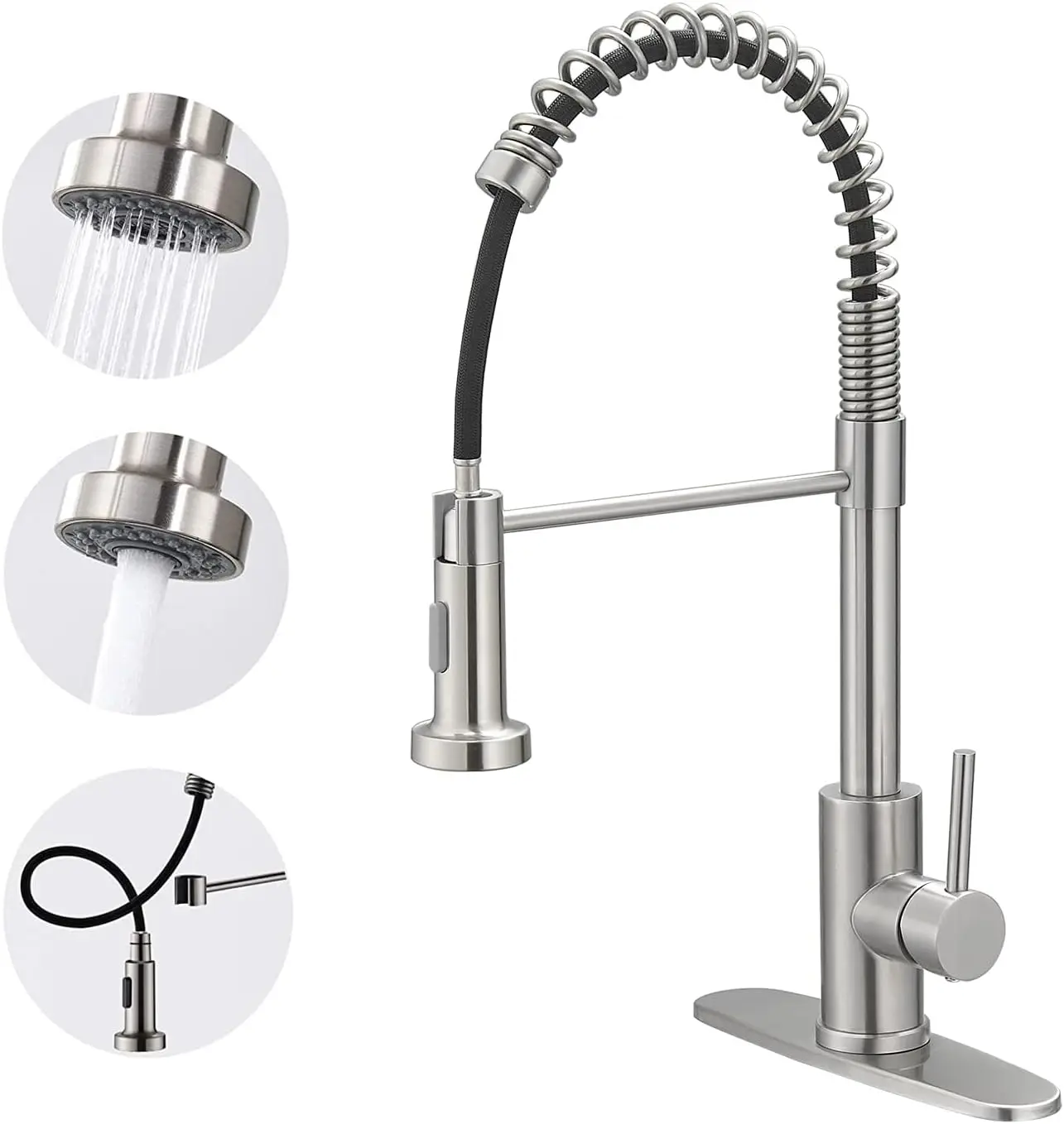 

Commercial Spring Kitchen Faucet with Pull-Out Sprayer, Stainless Steel Brushed Nickel Finish for Farmhouse Sink