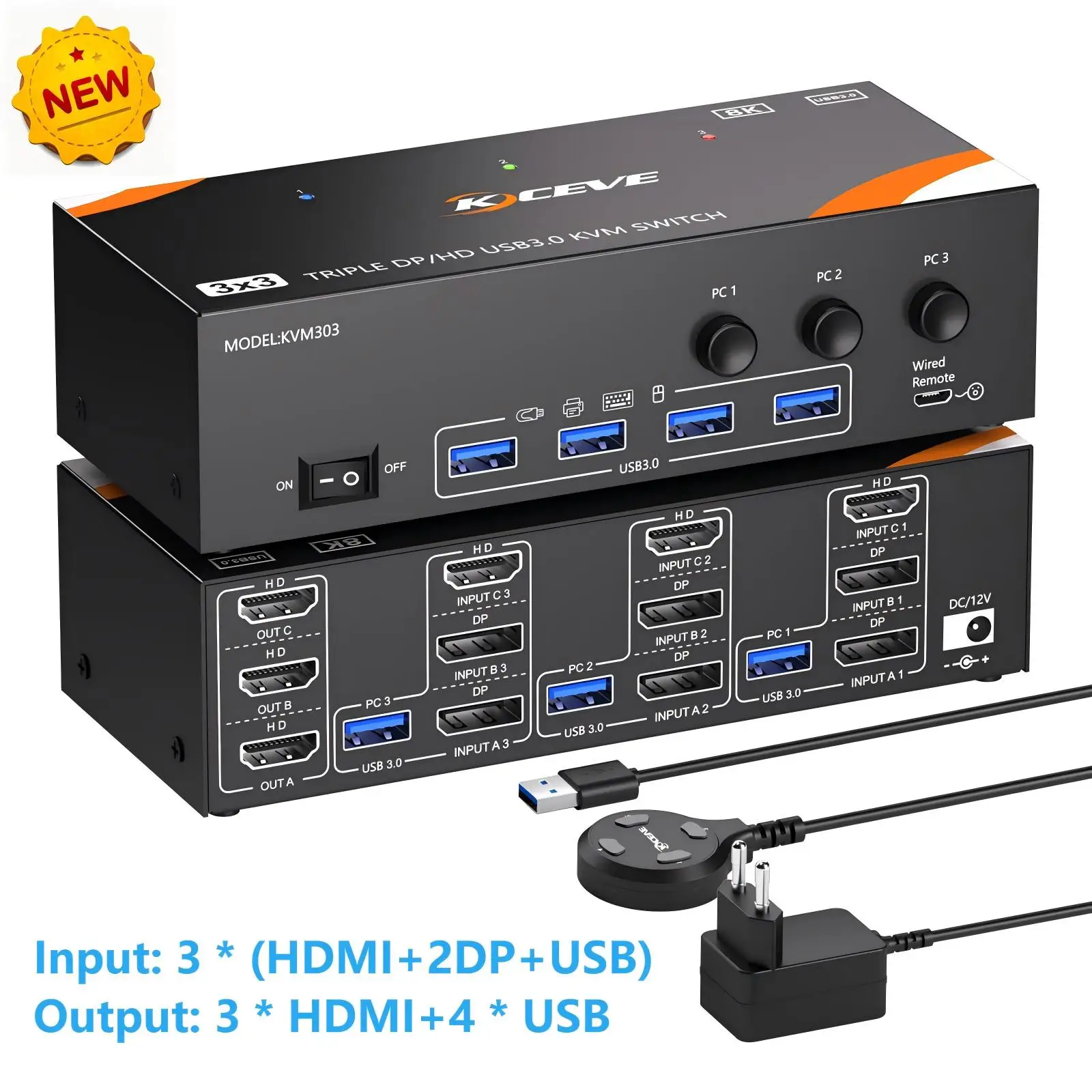 

2025 NEW KVM Switch 3 Monitors 3 Computers 8K@60Hz/4K@120Hz,HDMI DP KVM Switches for 3 PC Sharing Triple Monitor Keyboard Mouse