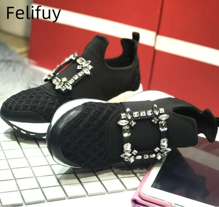 Zapatillas deportivas de malla de aire negra para mujer, zapatos informales con plataforma de fondo grueso y diamantes de imitación, Tenis femeninos, novedad de 2024