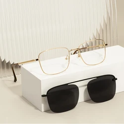 Men Metal Rectangle Glasses Frame Spring Hinge Temple With Black Magnetic Polarized Clip On Sunglasses For Prescription Lenses