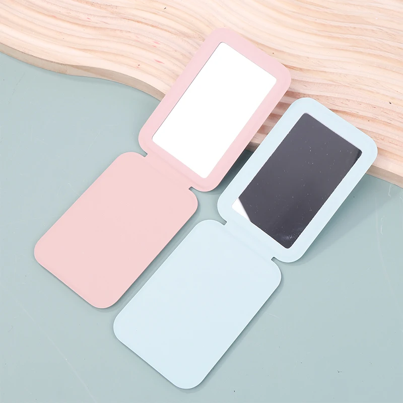 Flip-up Folding Mirror Solid Color PU Leather Simple Portable Handheld Makeup Mirror Student Compact Cute Pocket Mirror