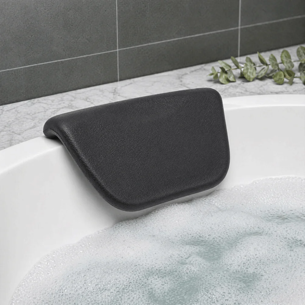 Durable PU Silicone Bath Pillow Black Non Slip Bath Tub Pillow Suction Cups Ergonomic Design Spa Pillow Home Bathroom