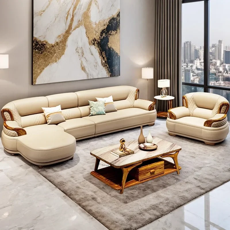ebony leather sofa corner first layer cowhide modern simple size apartment solid wood light luxury living room