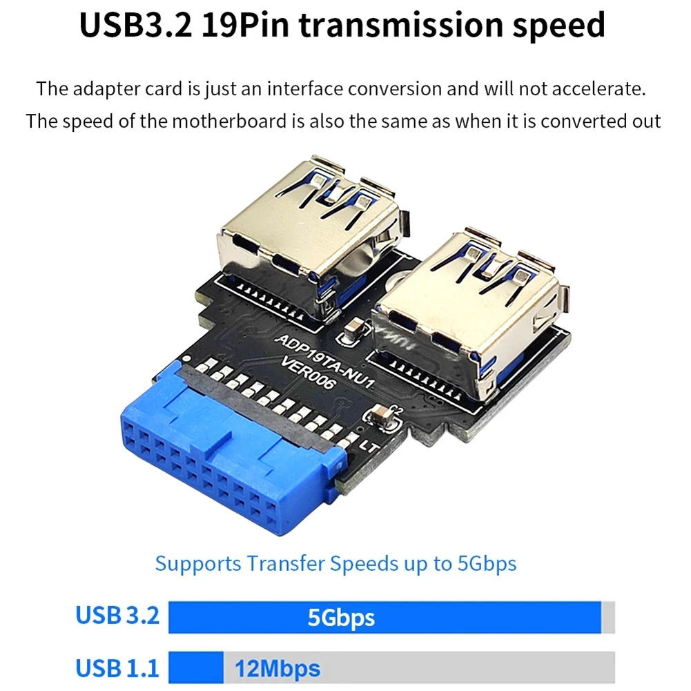 19Pin To Type C Dual USB A Female Front Connector Converter USB3.2Gen1 19Pin USB 3.0 Adapter Plug-in Motherboard Plug Adapter