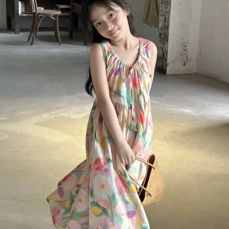 

Camisole dress 2024summer medium children and girls oil painting style big flower long dress summer vacation style long dress