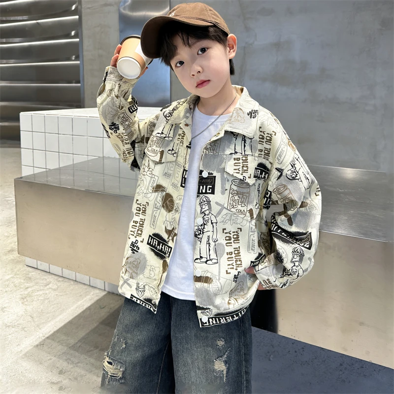 Child Stylish Spring Autumn Beige Denim Jacket Drawings for Teens Boy High Fashion Streetwear Outfit Kids Design Denim Coat 5-14