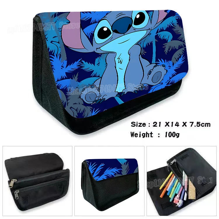 Cartoon Disney&Stitch pencil case flip cover double-layer zipper pencil box stationery colored pens storage study supplies