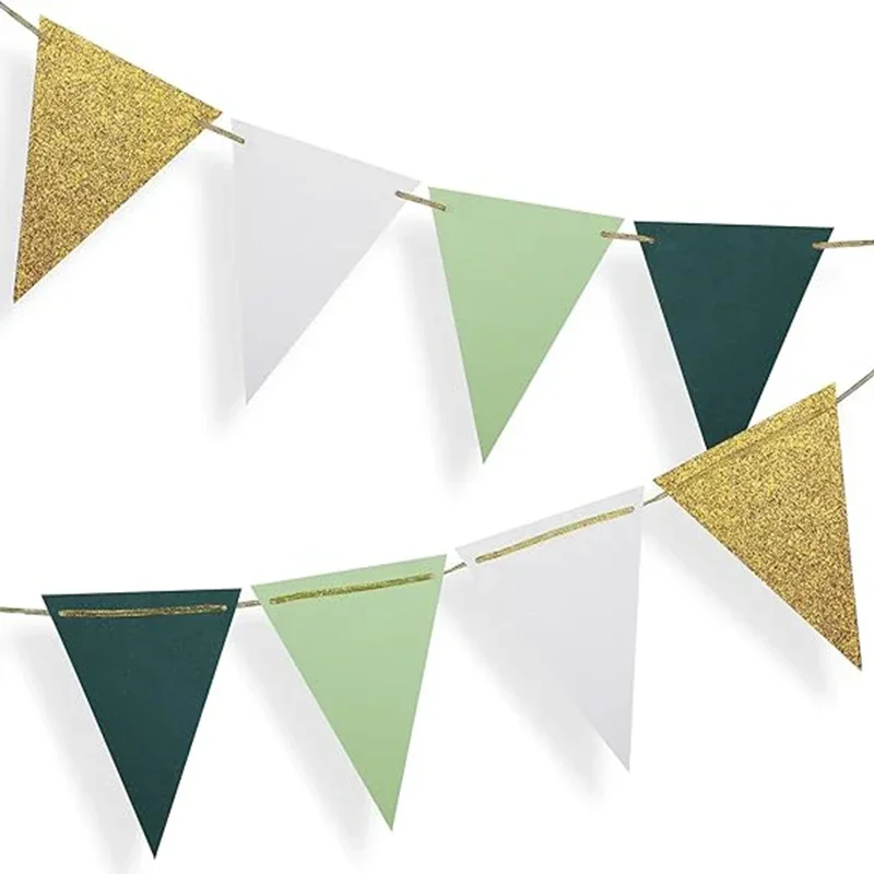 Sage Green Gold White Paper Pennant Party Decorations Triangle Flag Bunting for Jungle Safari Wild Woodland Birthday Party Decor