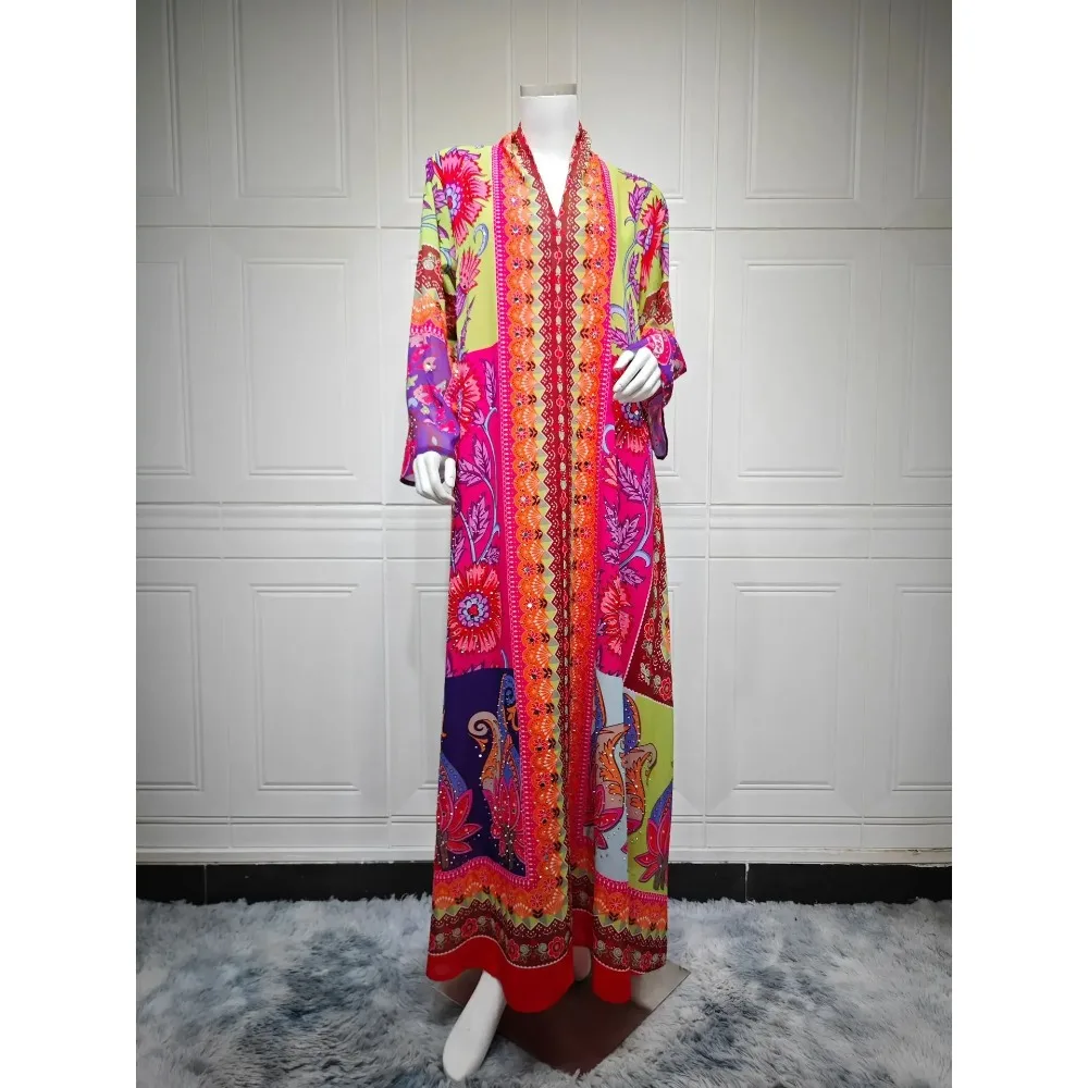 Eid Abaya Women Party Dress Print Jalabiya Diamond Muslim Dubai Longue Vestidos Largos Ramadan Morocco Prayer Caftan Robe Abayas