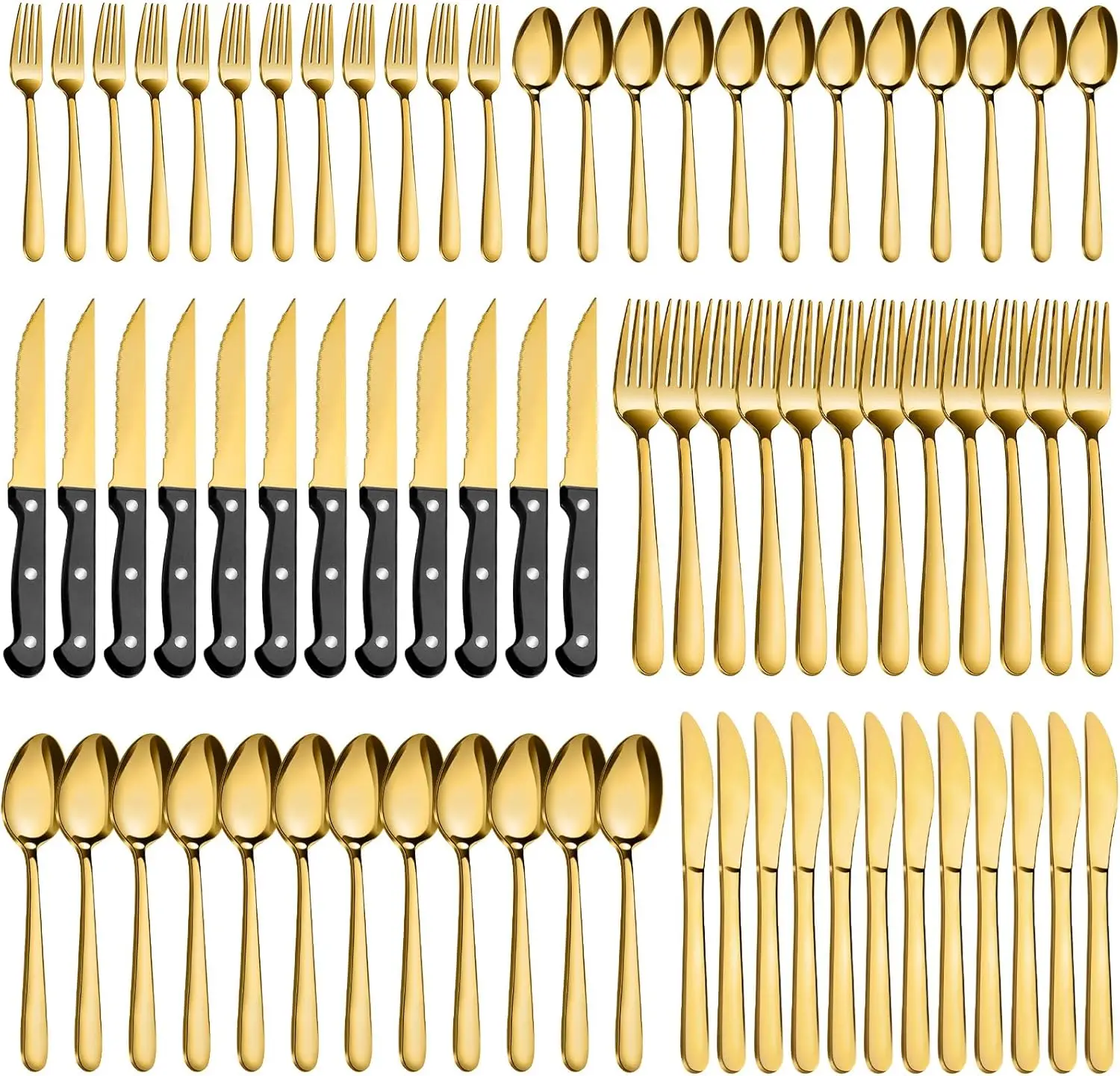 

72-Piece Gold Silverware Set for 12, Stainless Steel Cutlery with Steak Knives, Dishwasher Safe Flatware