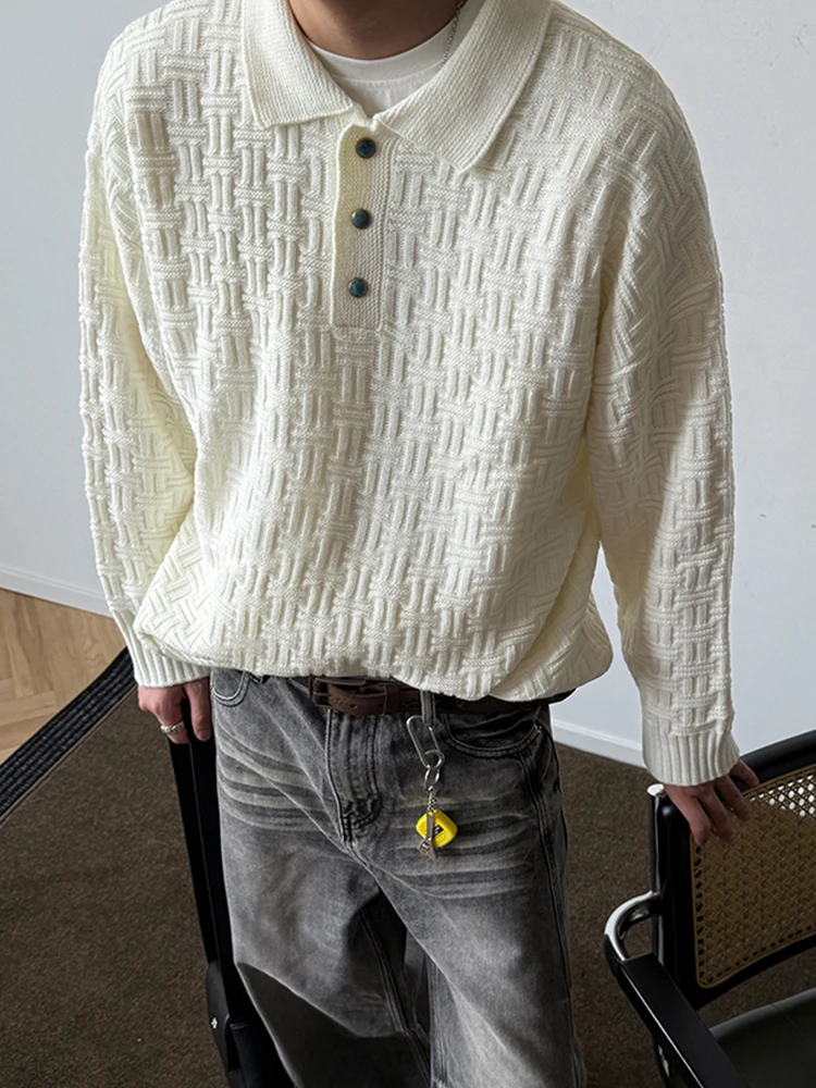 

Vintage Turn-down Collar Buttoned Mens Polos 2026 Spring Casual Textured Jacquard Knit Polo Shirt Men Daily Leisure Jumper Tops
