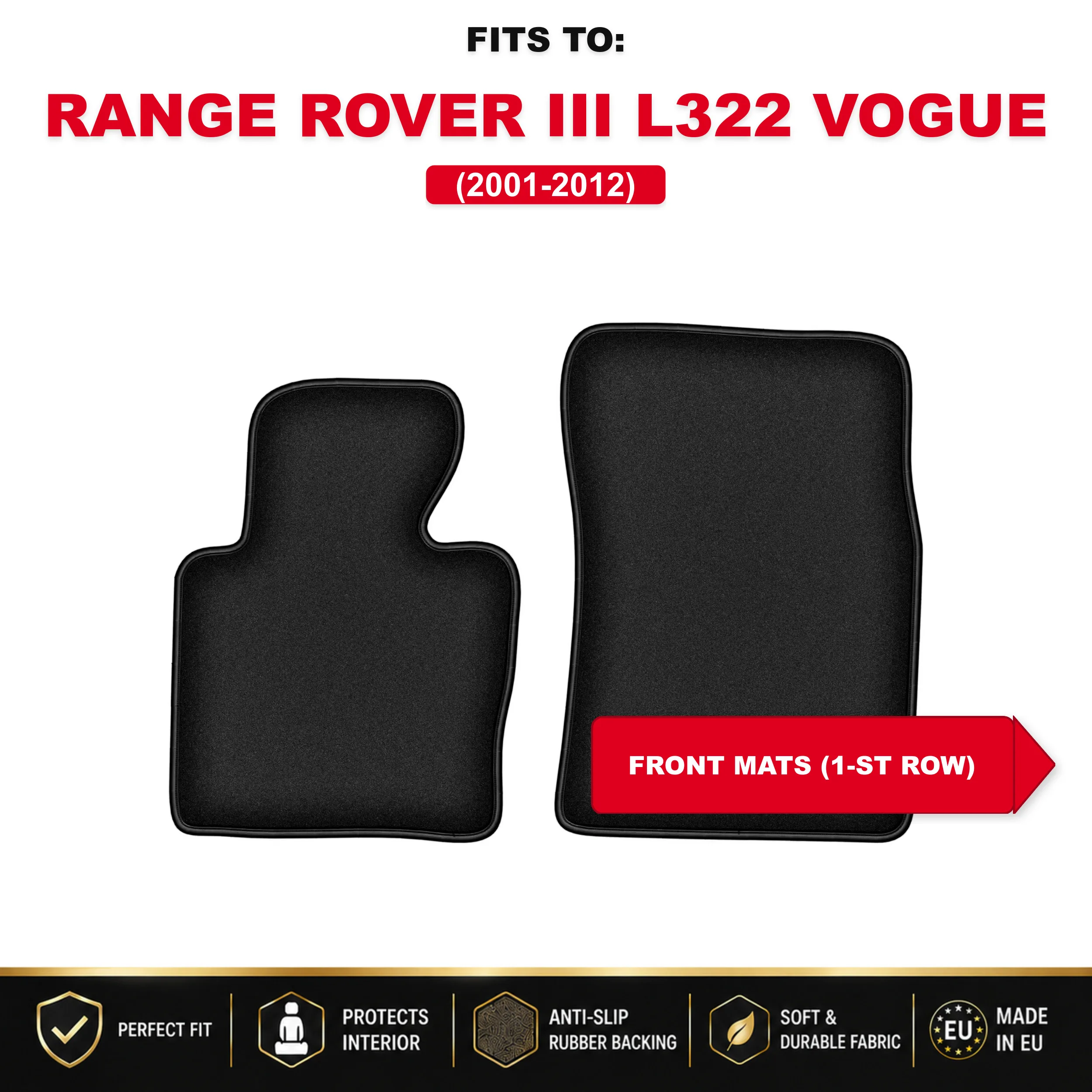 Tapis de sol avant en velours noir pour Range Rover III L322 Vogue 2001-2012, ensemble de tapis de sol avant pour véhicule