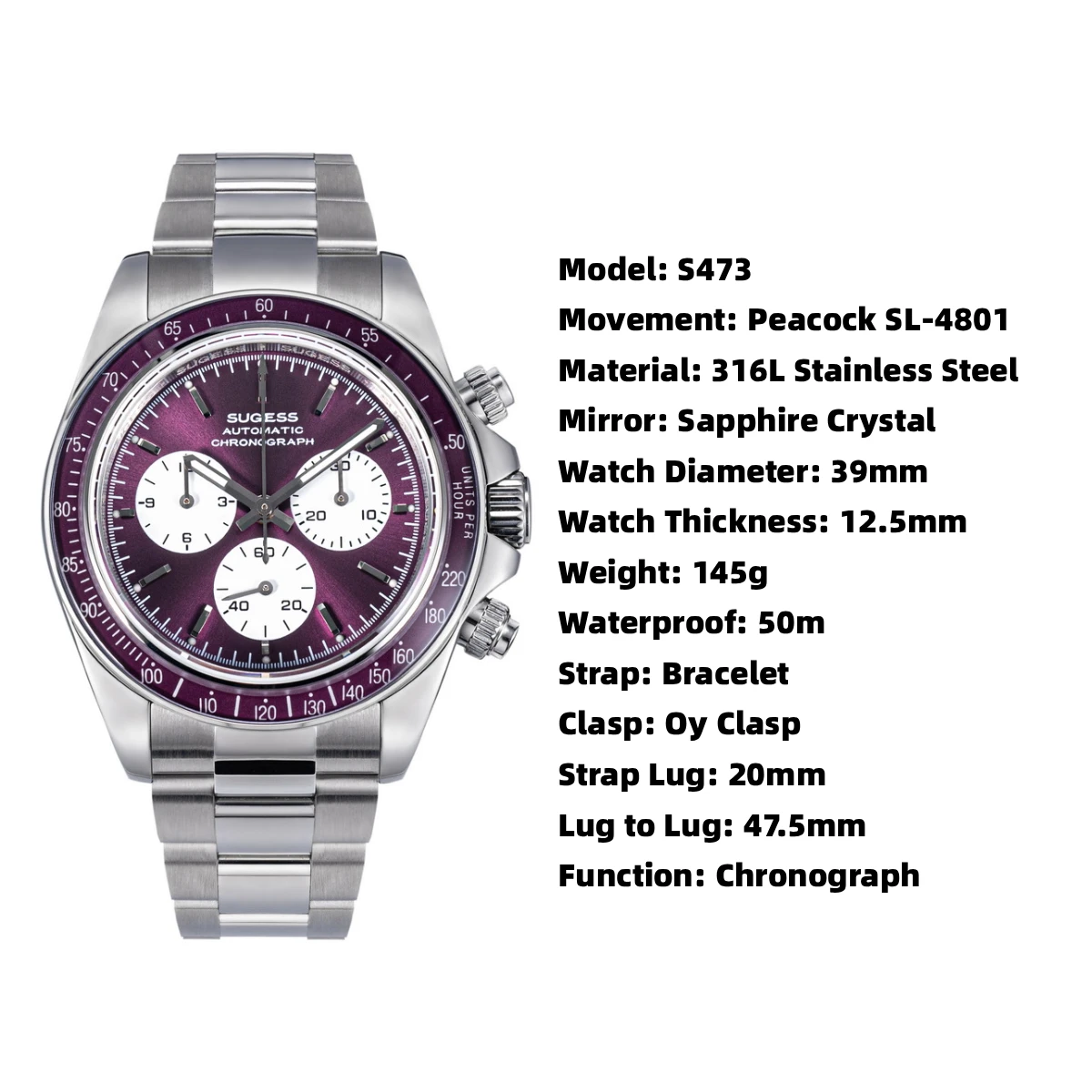 Sugess Chronograph Watch of Mens Peacock SL4801 Movement Automatic