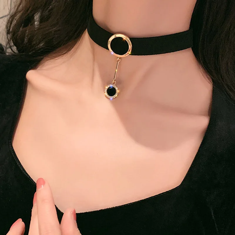 New Sexy Korean Velvet Choker Necklace Gold Color Tassel Chain Round Ring Collar Necklaces for Women Girls Jewelry Gift