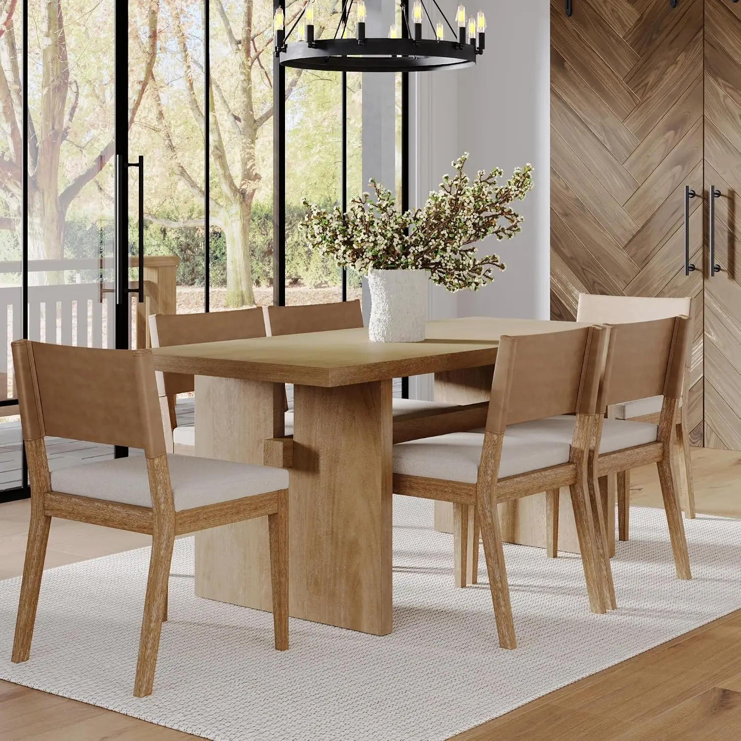 Briggs Modern Farmhouse Dining Set for 6, Solid Wood Dining Room Table Set with 6 Upholstered Dining Chairs