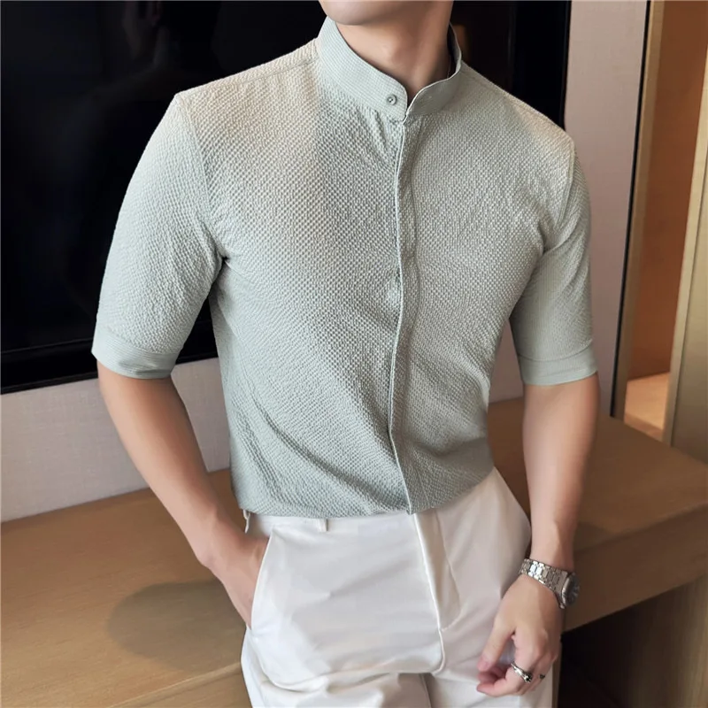 New men's new Chinese style stand up collar shirt thin, mid sleeve elastic foam yarn hanging round neck shirt